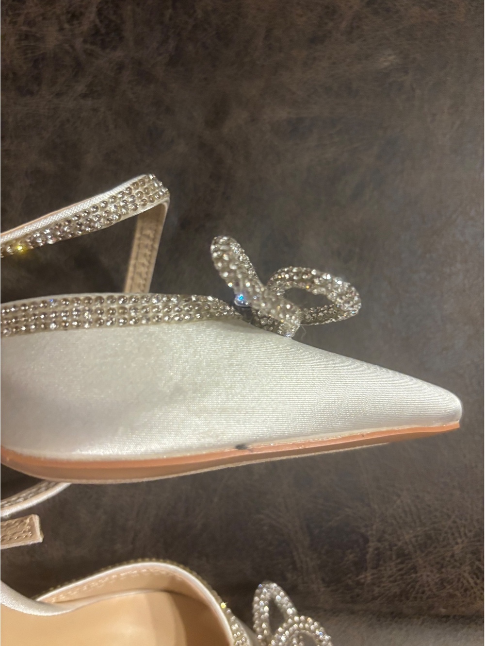Lulus Ivory Satin Rhinestone Bow Wedding Heels Pointed Toe Size 6 - Picture 7 of 7